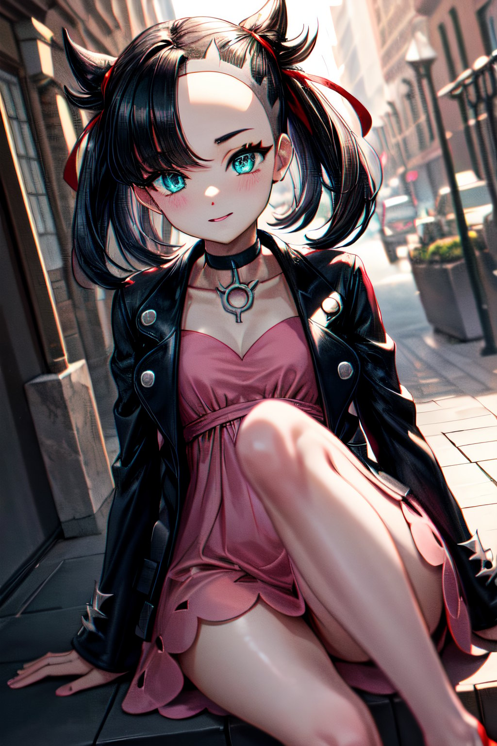 (best quality, masterpiece, ultra quality), cute girl, medium hair, straight hair, tall, tan skin, professional-looking, visible forehead, outdoors, bright sunlight, cute smile, ((hmmarnie, aqua eyes, black choker, red ribbon, pink dress, jewelry, black jacket, open clothes, long sleeves)), beautiful figure, detailed face, detailed eyes, look at the camera, perfect lighting, UHD, line art, background detailed, intricate details, highly detailed, dynamic light, sitting