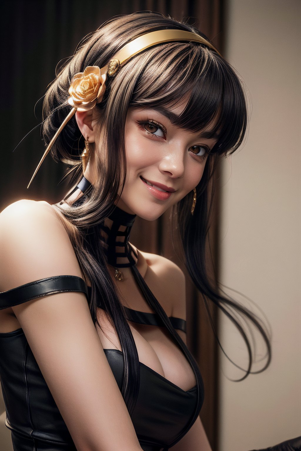 masterpiece, closeupshot, best quality, highres, aayorf, sidelocks, gold hairband, hair ornament, red eyes, gold earring, medium breasts, choker, bare shoulders, black dress, two-sided dress, fingerless gloves, thigh boots, smiling, cute, perfect fingers, perfecteyes, Detailedface
