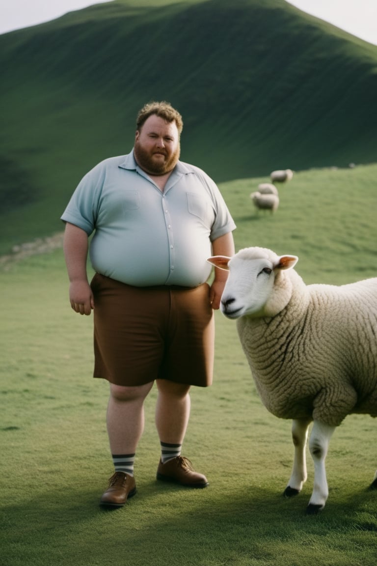 film photo of fat man wear short and the sheep by SeurungDa on Tensor.Art