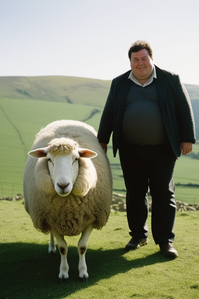 film photo of fat man and the sheep by SeurungDa on Tensor.Art