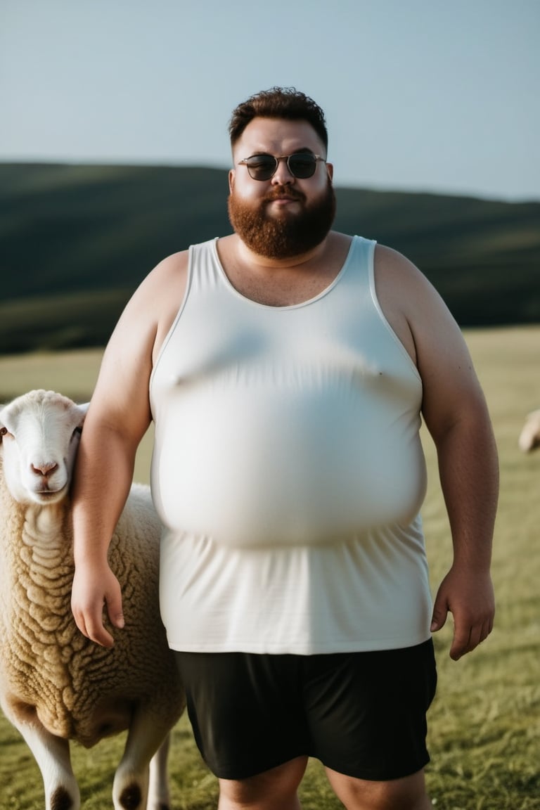 photo of fat man wear tank top and short and the sheep by SeurungDa on Tensor.Art