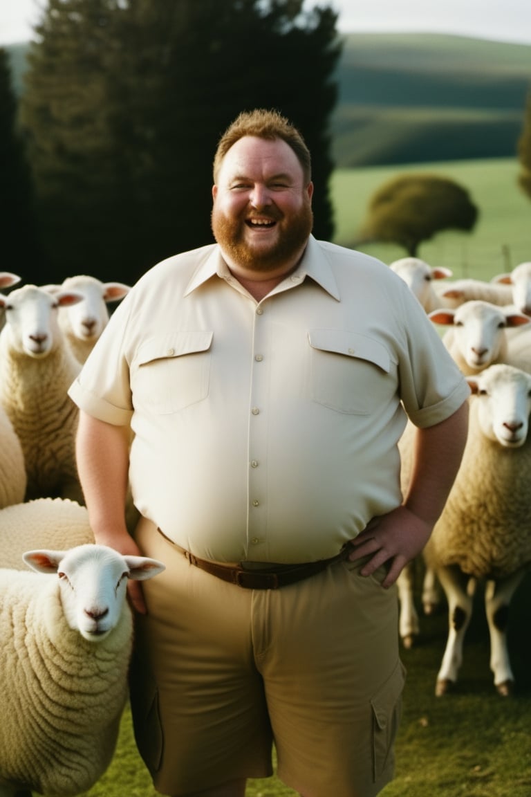 film photo of fat man wear short and the sheep by SeurungDa on Tensor.Art
