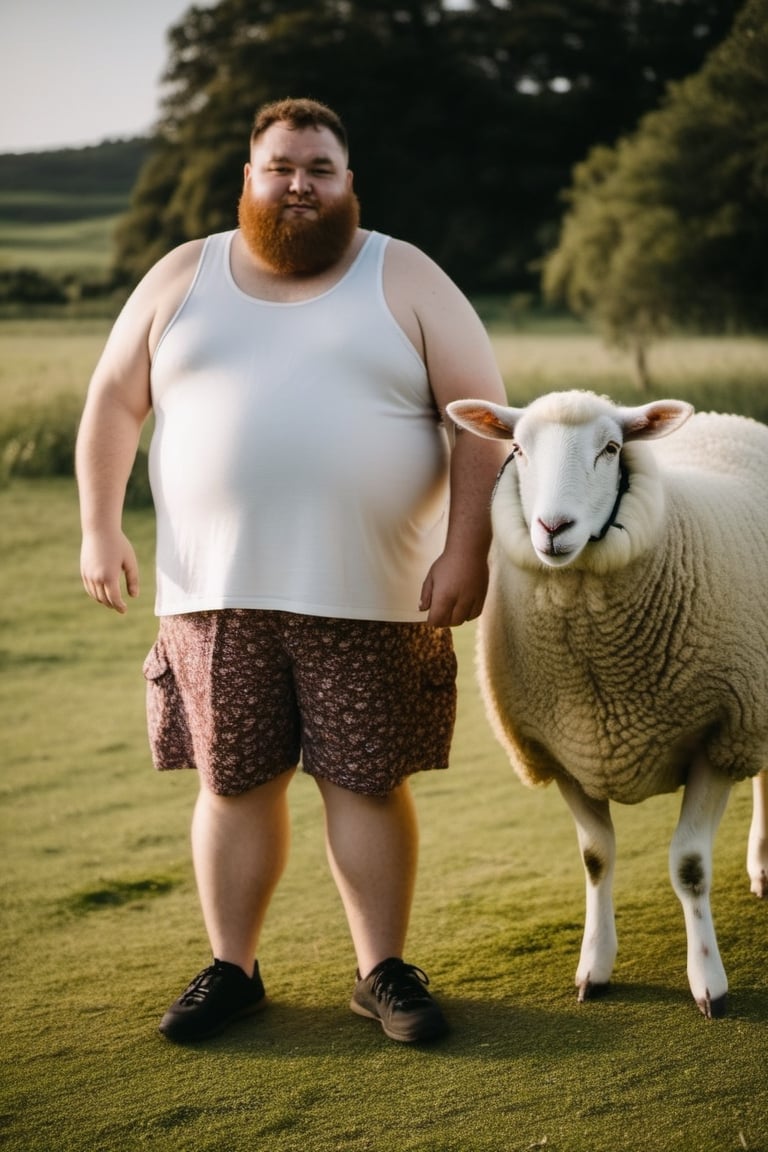 photo of fat man wear tank top and short and the sheep by SeurungDa on Tensor.Art