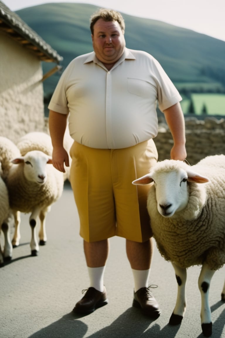 film photo of fat man wear short and the sheep by SeurungDa on Tensor.Art
