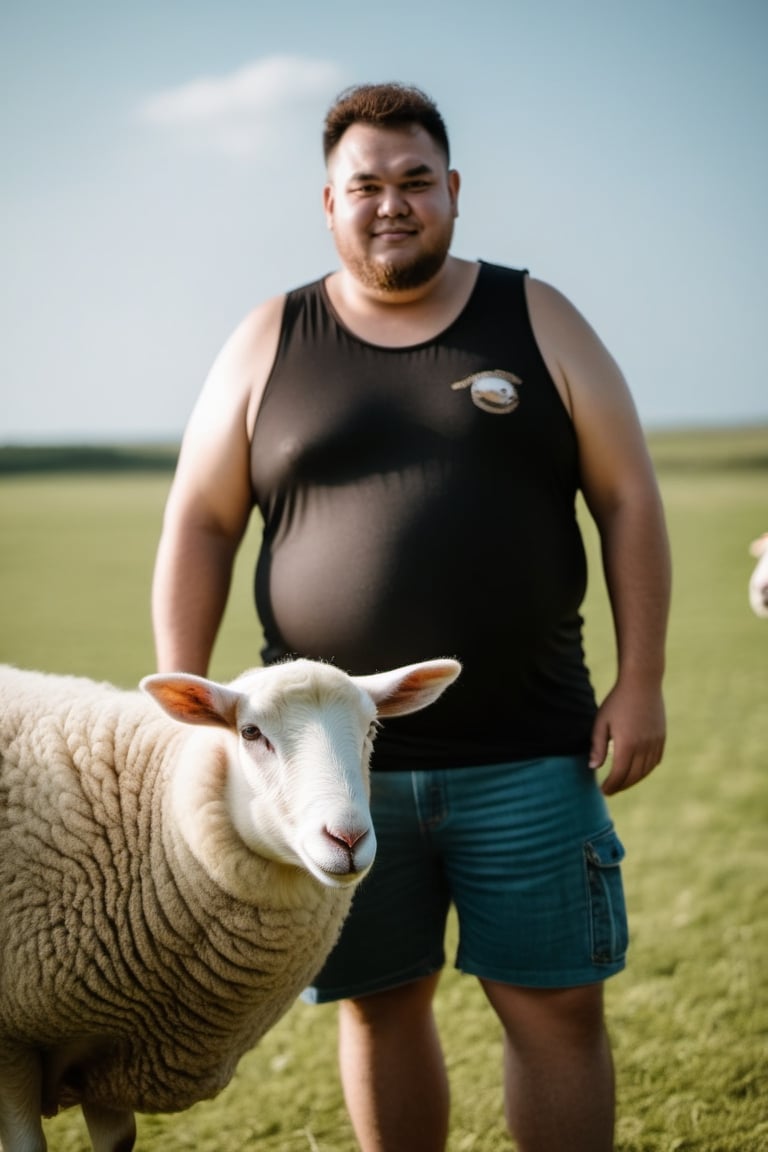 photo of fat man wear tank top and short and the sheep by SeurungDa on Tensor.Art