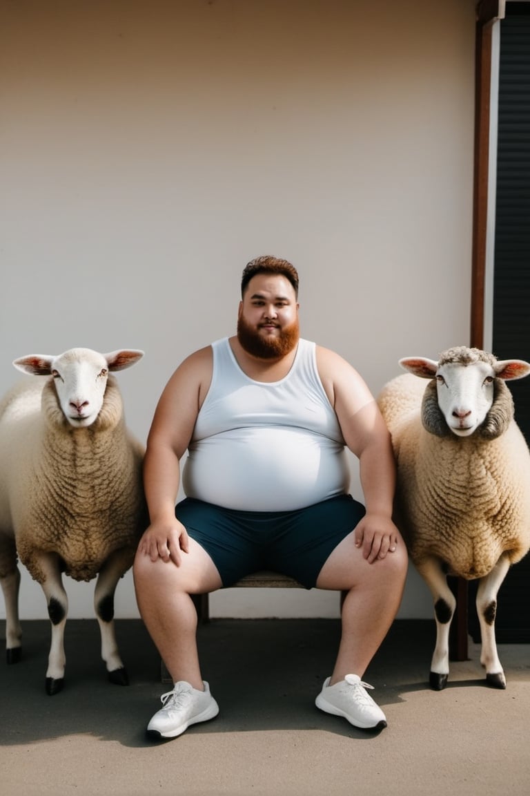 photo of fat man wear tank top and short and the sheep by SeurungDa on Tensor.Art