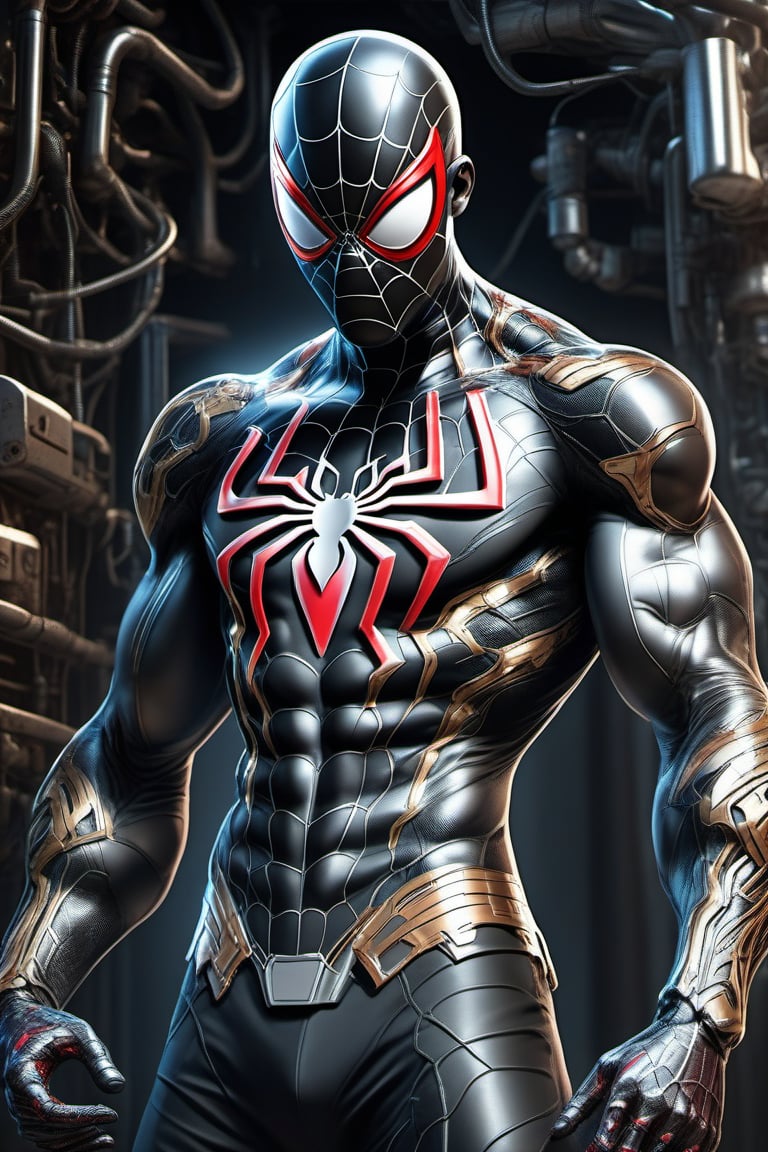 A 20 years old boy extremely handsome putting on a cyborg spiderman black suit muscular body deadly lock high tech armor detailed body 