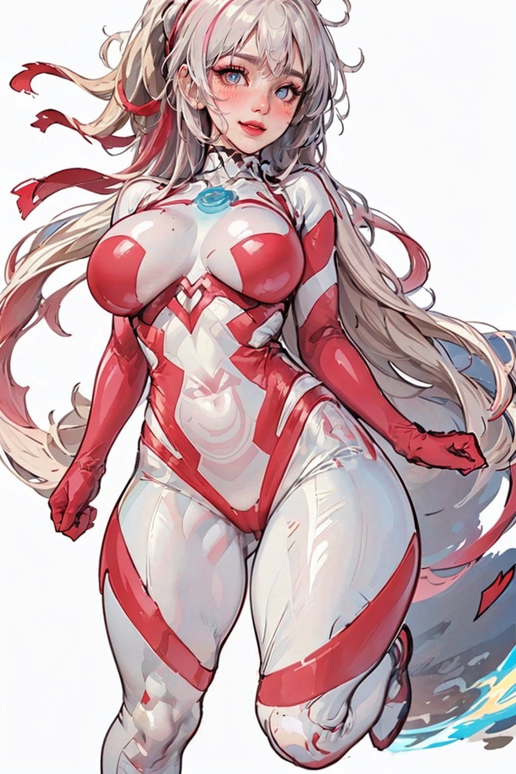 (Masterpiece in, best quality:1.2), ((high resolution, extremely realistic picture, beauty and realistic details)), (realistic photo:1.4), Ultrawoman, ultraman bodysuit, ultraman impact, Shion face, sliver mix pink hair, ponytail, messy hair, headband, white over knee boots, （full body, see the shoes:1.5), 
(((Medium breast, E_cup))), (sapphire on the chest, circle type:1.3), 

close up, standing, stand at attention, look viewer
empty handed, 
(Full whitebackground:1.5), ,Ultrawoman, Ultraman bodysuit,Ultraman impact,Shion face,Ultragirl,Ultraman bodysuit