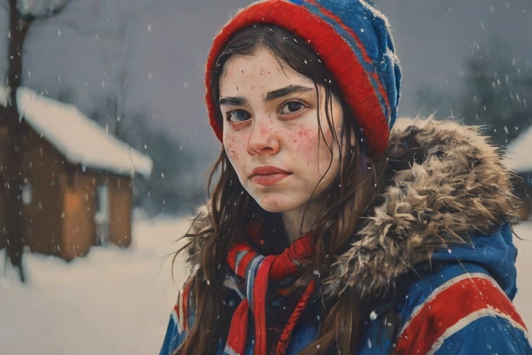 photograph, concept art, Vulgar Emotional traditional Sami 1girl, wearing Arcane, winter background, stylized by Gary Bunt, Emo Art, side light, Cinestill 50, F/14, expressive brush strokes, sharp
