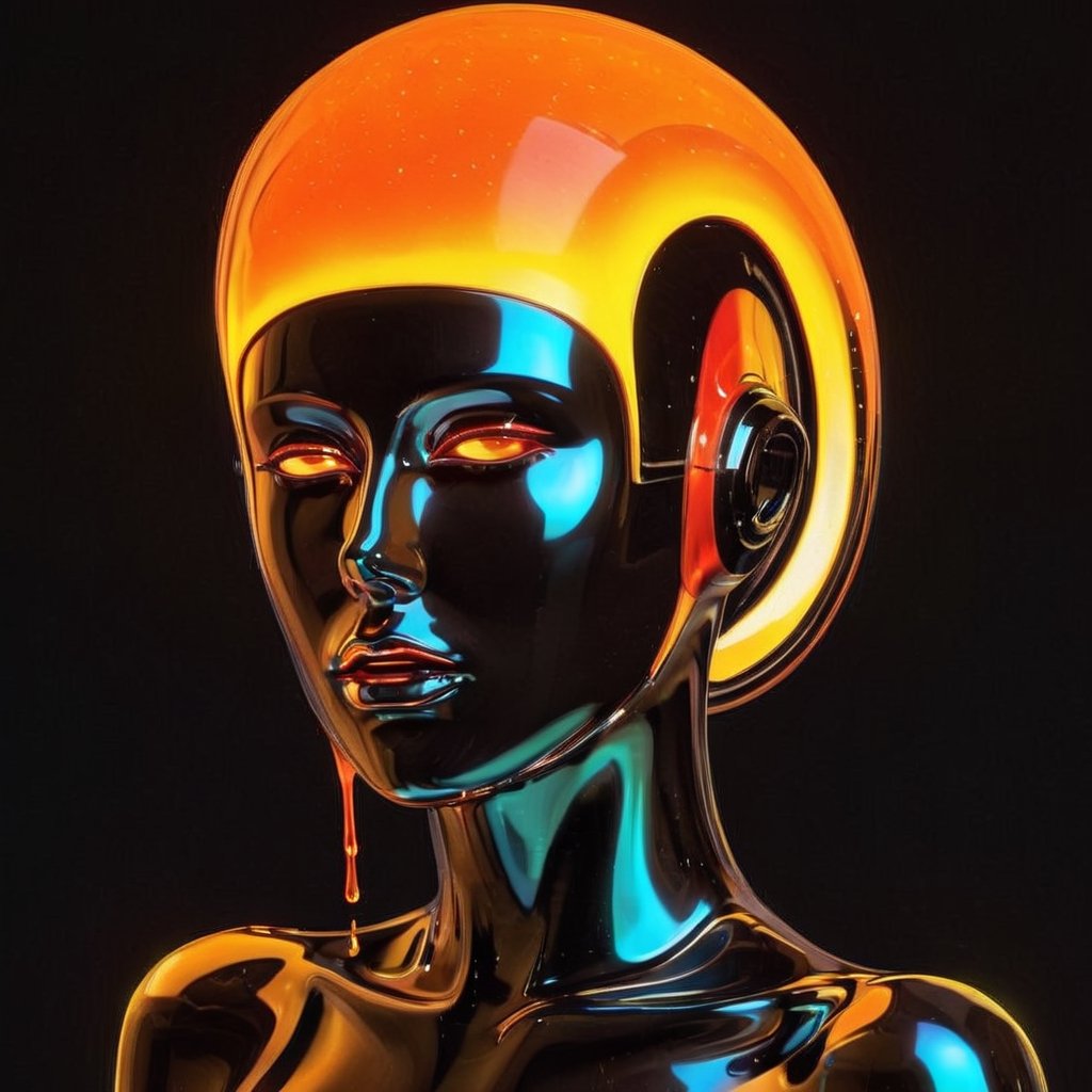 portrait of a mysterious girl saint, cinema 4d, gowing eyes, bored, punk fashion, boiling colors, dripping slime liquid lava, undersater, burning, cosmic, gamer, minimalist illustration, retro futuristic, inspired by Jamie Hewlett, glowing, black background,aw0k meltdown style