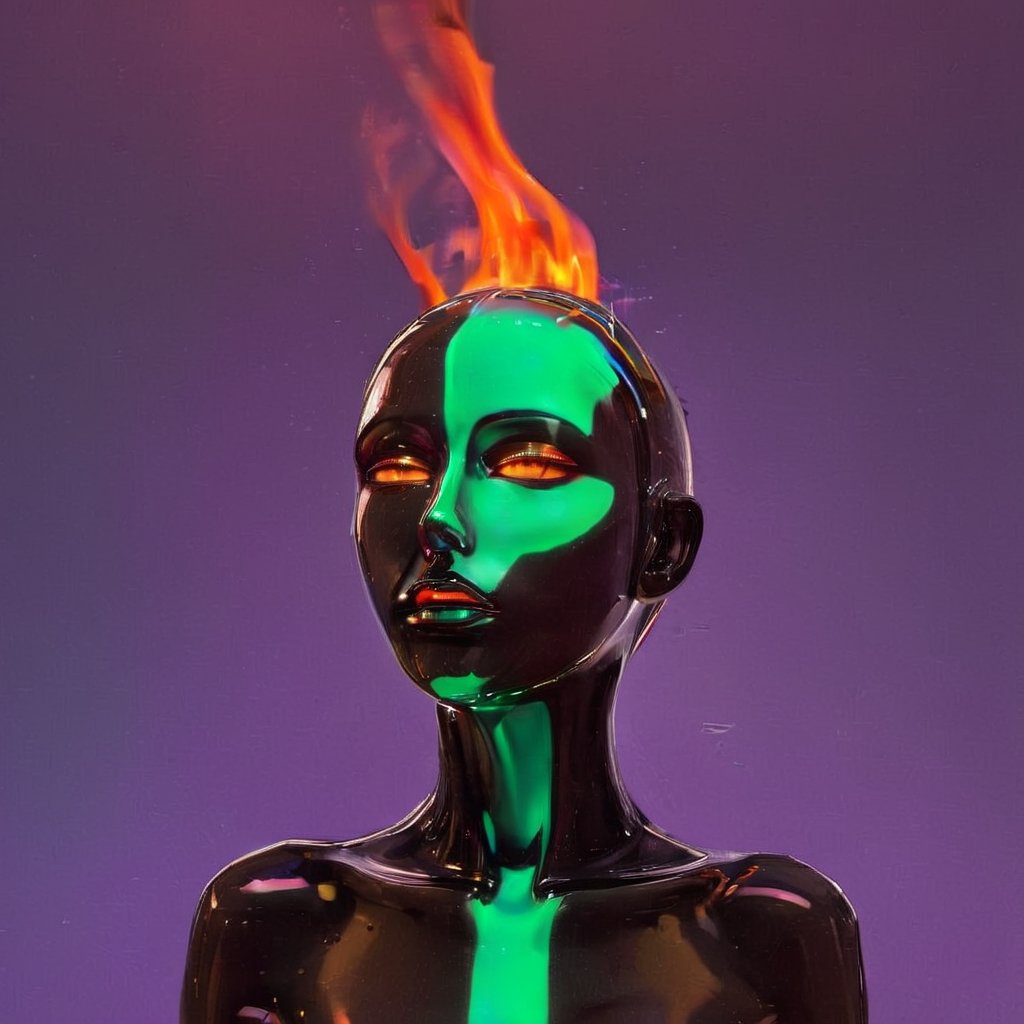 portrait of a mysterious girl saint, cinema 4d, gowing eyes, bored, punk fashion, boiling colors, dripping slime liquid lava, undersater, burning, cosmic, gamer, minimalist illustration, retro futuristic, inspired by Jamie Hewlett, glowing, black background,aw0k meltdown style