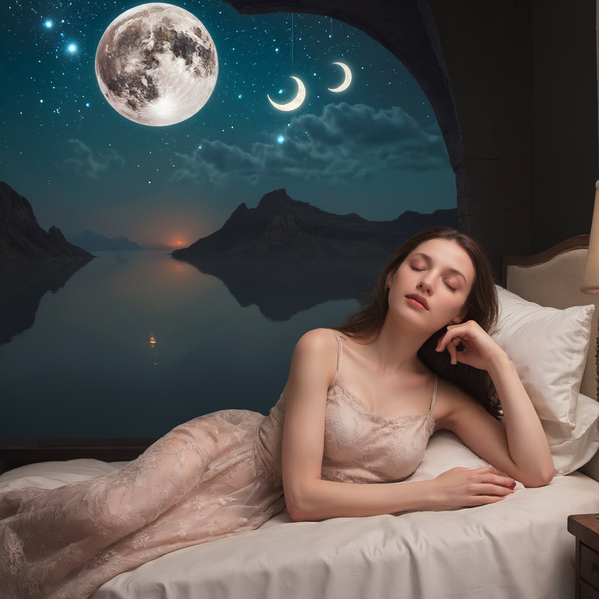 Surrealism, photography, perfect attention to detail, ultradetailed, masterpiece, best quality, 4k, a perfect depiction of good night dream, most beautiful sleep with love 💕