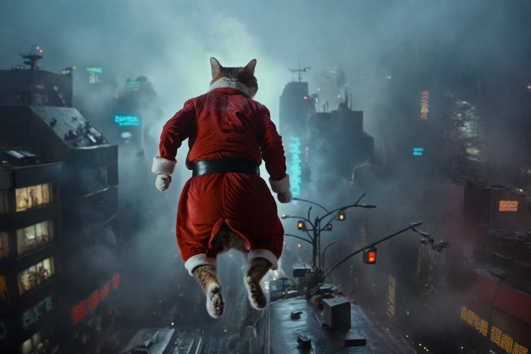 Cat dressed as santa claus rides his sleigh through the air in the far future, sci fi, blade runner, metal raindeer, against a dark blare runner future cityscape, multiple billboards, flying cars, from above, high buildings, fog below, insane details, hyperrealistic, highly detailed, 8k, trending on artstation, shot lit and composed by Tim Walker, shot on a RED digital camera, Sigma 85mm f/1.4, aw0k cat