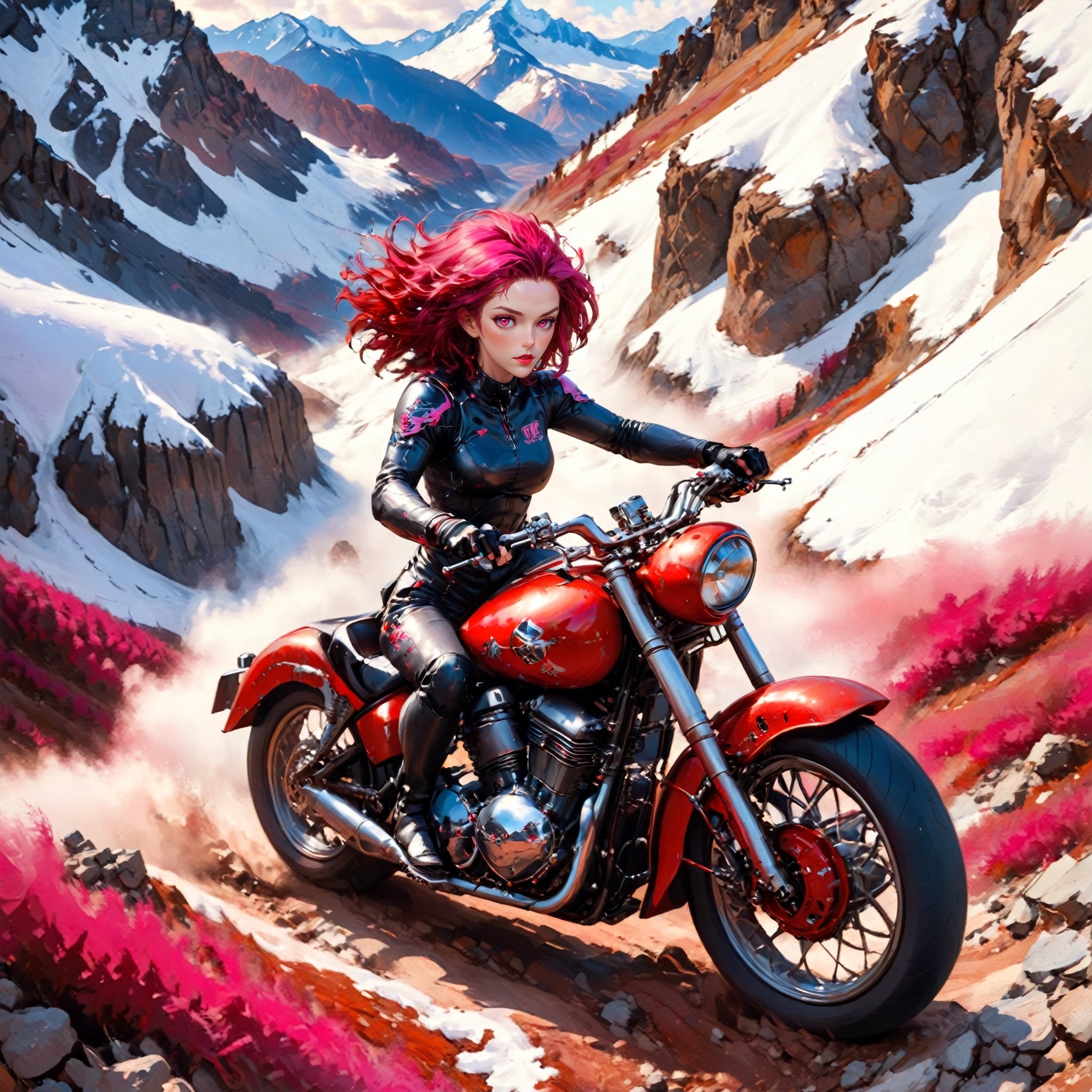 aw0k euphoricred style, photograph, woman in motorcycle, riding through the mountains, drone shot, dark black and Fuchsia Raging hair, at Overcast, soft focus, Sketched, Beautifully Lit, film grain, Kodak gold 200, Zoom lens, One Color, art by Arnold Schoenberg, 