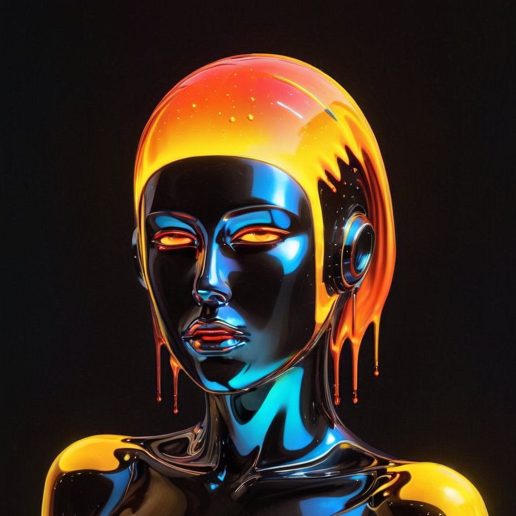 portrait of a mysterious girl saint, cinema 4d, gowing eyes, bored, punk fashion, boiling colors, dripping slime liquid lava, undersater, burning, cosmic, gamer, minimalist illustration, retro futuristic, inspired by Jamie Hewlett, glowing, black background,aw0k meltdown style