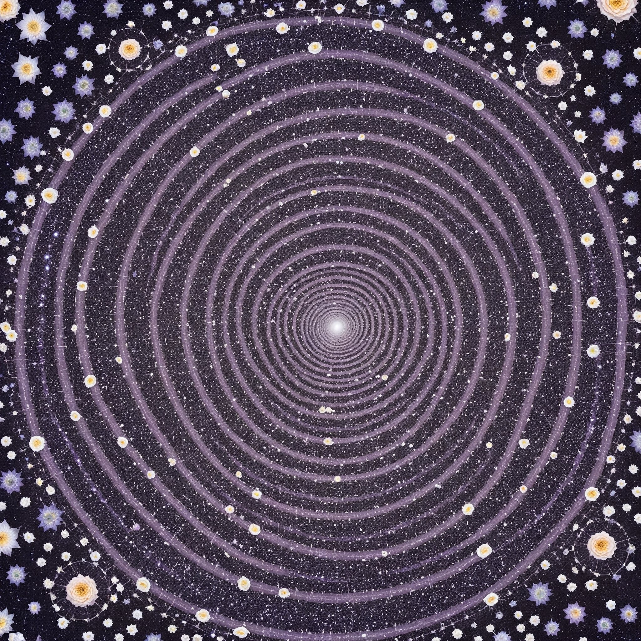 spiral multiverse, continuous spiral pattern, hundreds of skull flowers, space, stars, intricate, highly detailed, 8k, radiant, hypnotic