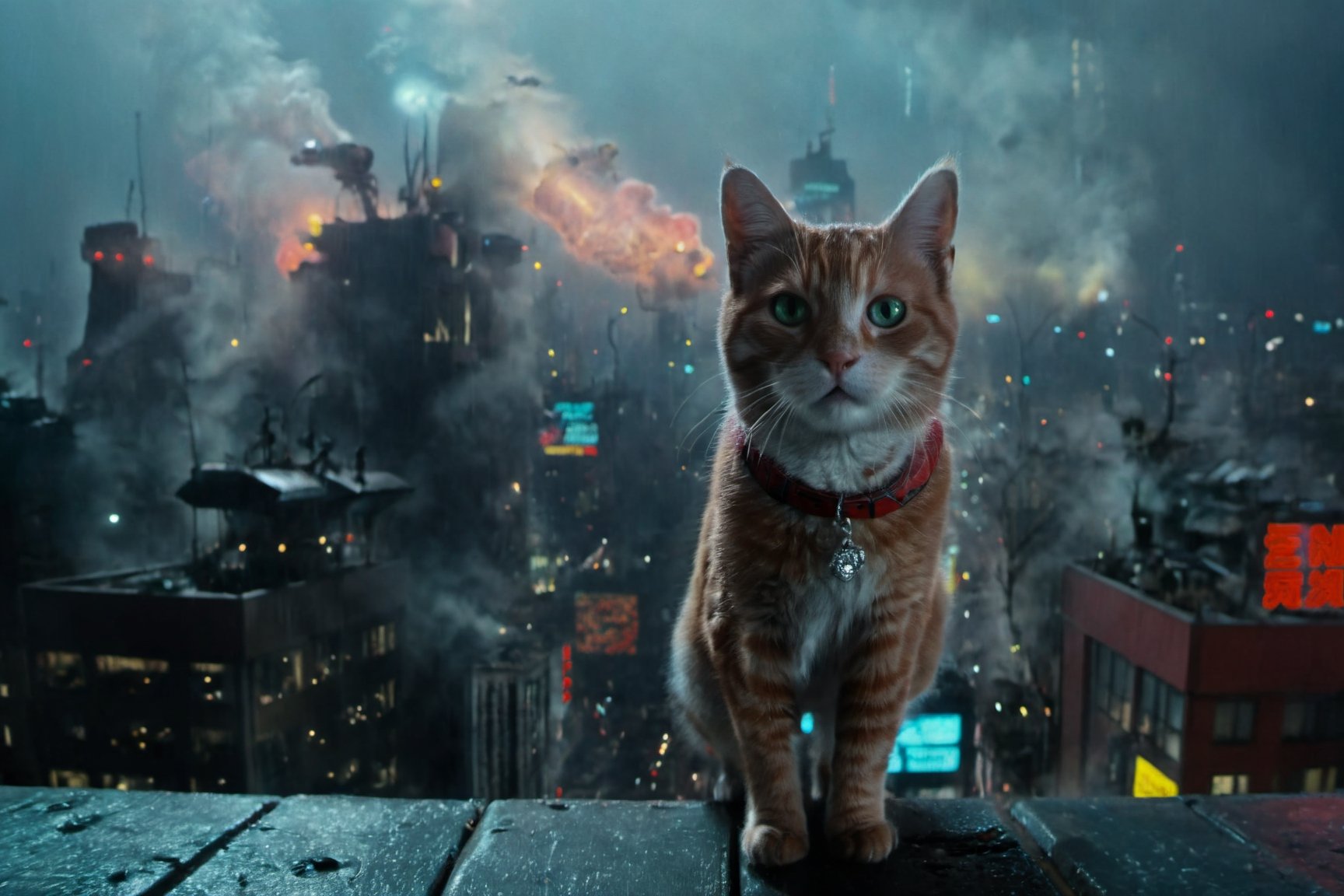 Cat as santa claus rides his sleigh through the air in the far future, sci fi, blade runner, metal raindeer, against a dark blare runner future cityscape, multiple billboards, flying cars, from above, high buildings, fog below, insane details, hyperrealistic, highly detailed, 8k, trending on artstation, shot lit and composed by Tim Walker, shot on a RED digital camera, Sigma 85mm f/1.4, aw0k cat