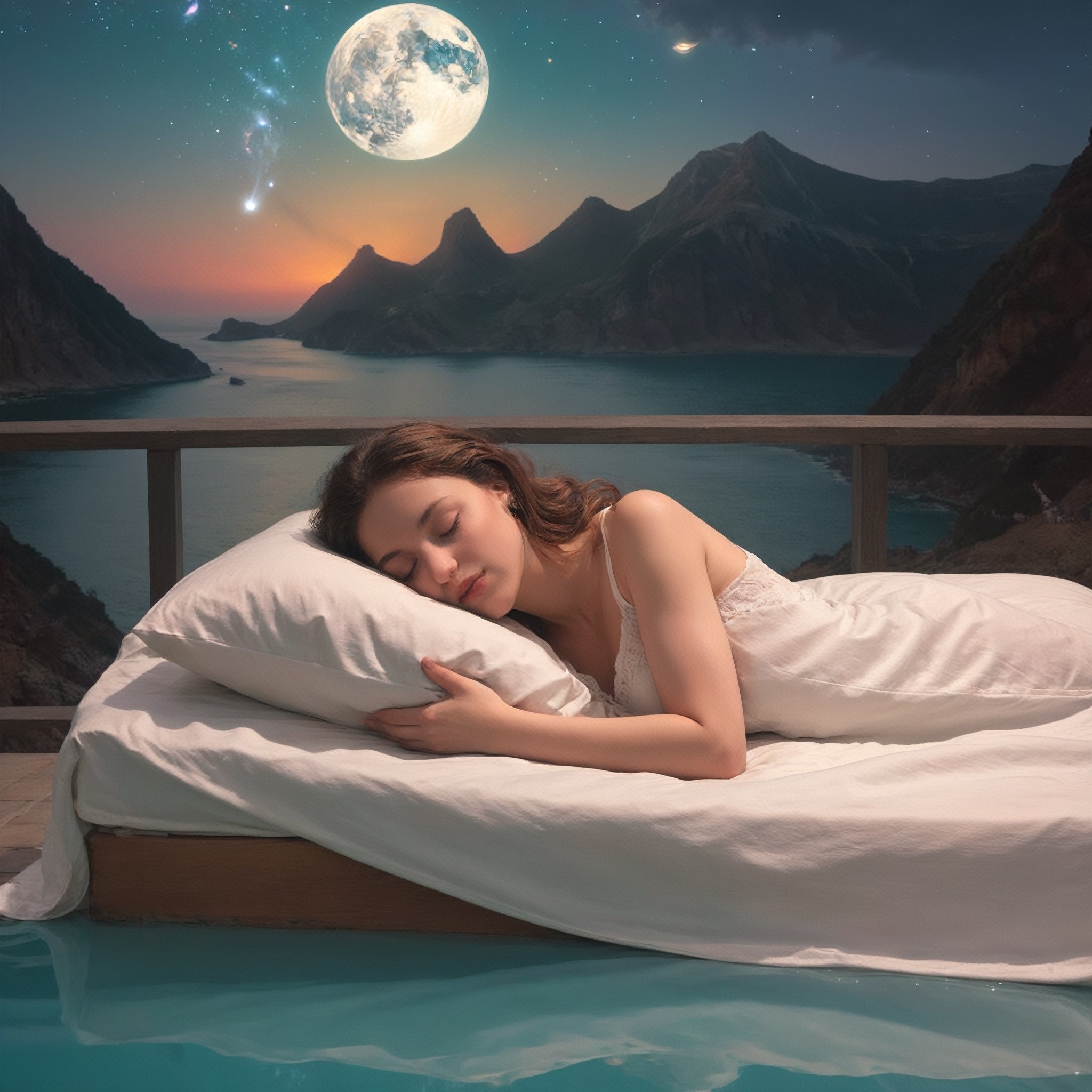 Surrealism, photography, perfect attention to detail, ultradetailed, masterpiece, best quality, 4k, a perfect depiction of good night dream, most beautiful sleep with love 💕