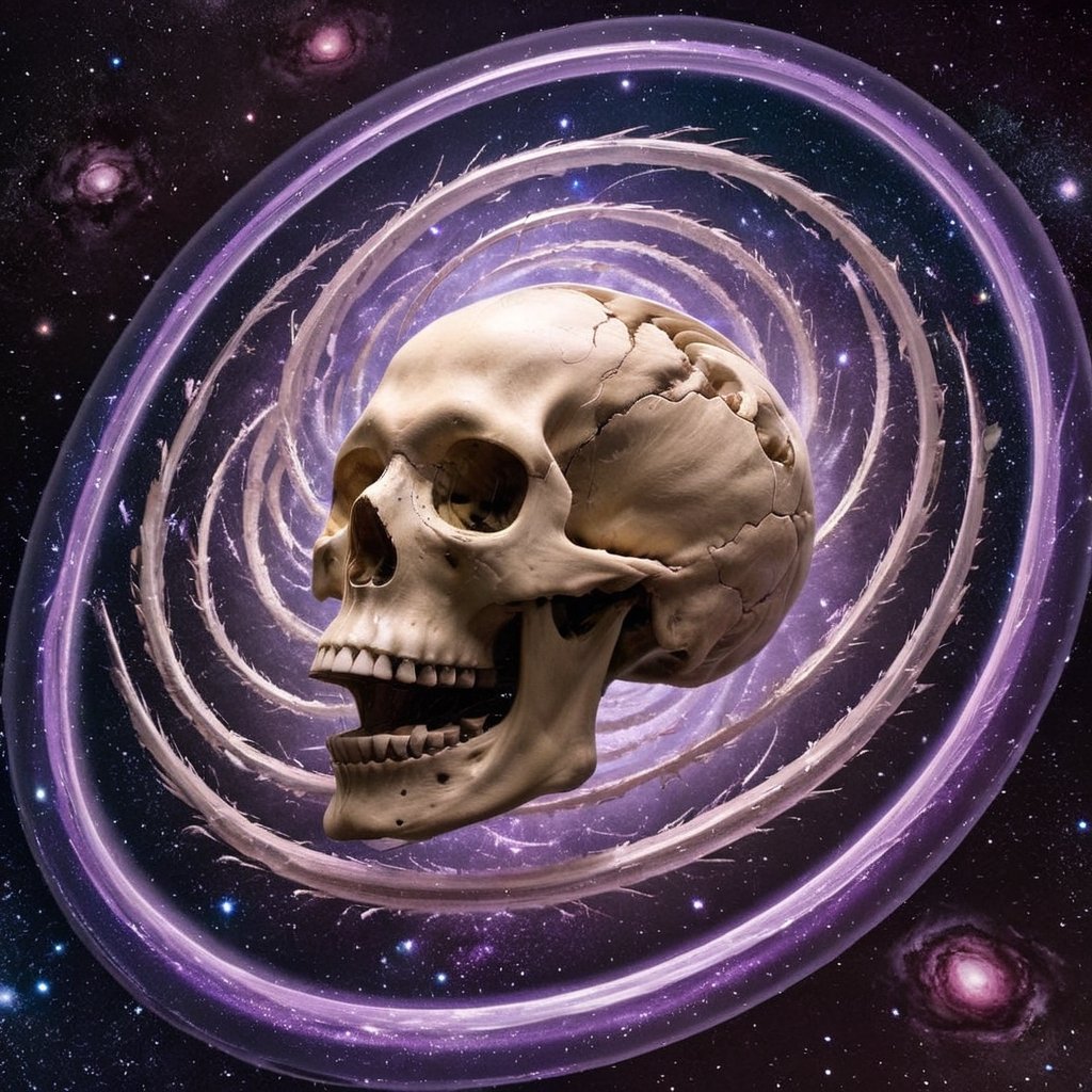 spiral multiverse, continuous spiral pattern, hundreds of skull design, space, stars, intricate, highly detailed, 8k, radiant, hypnotic