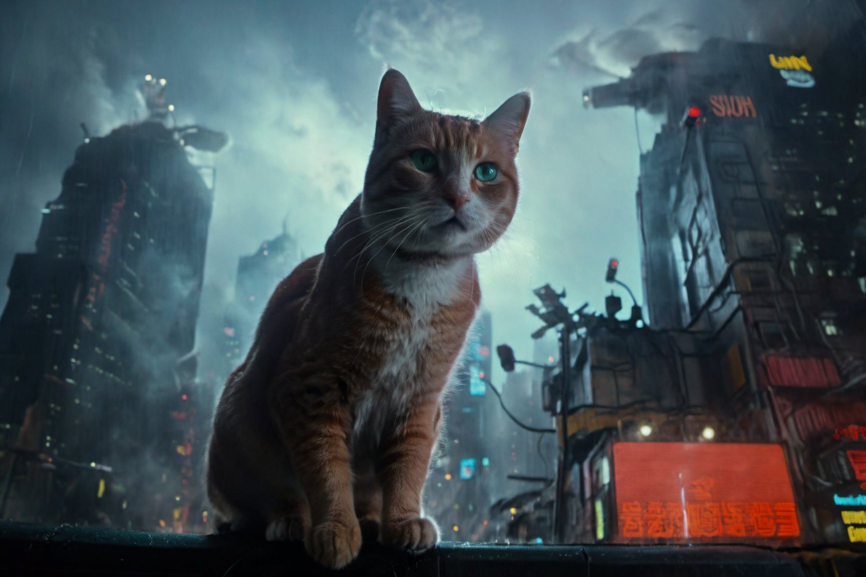 Cat as santa claus rides his sleigh through the air in the far future, sci fi, blade runner, metal raindeer, against a dark blare runner future cityscape, multiple billboards, flying cars, from above, high buildings, fog below, insane details, hyperrealistic, highly detailed, 8k, trending on artstation, shot lit and composed by Tim Walker, shot on a RED digital camera, Sigma 85mm f/1.4, aw0k cat