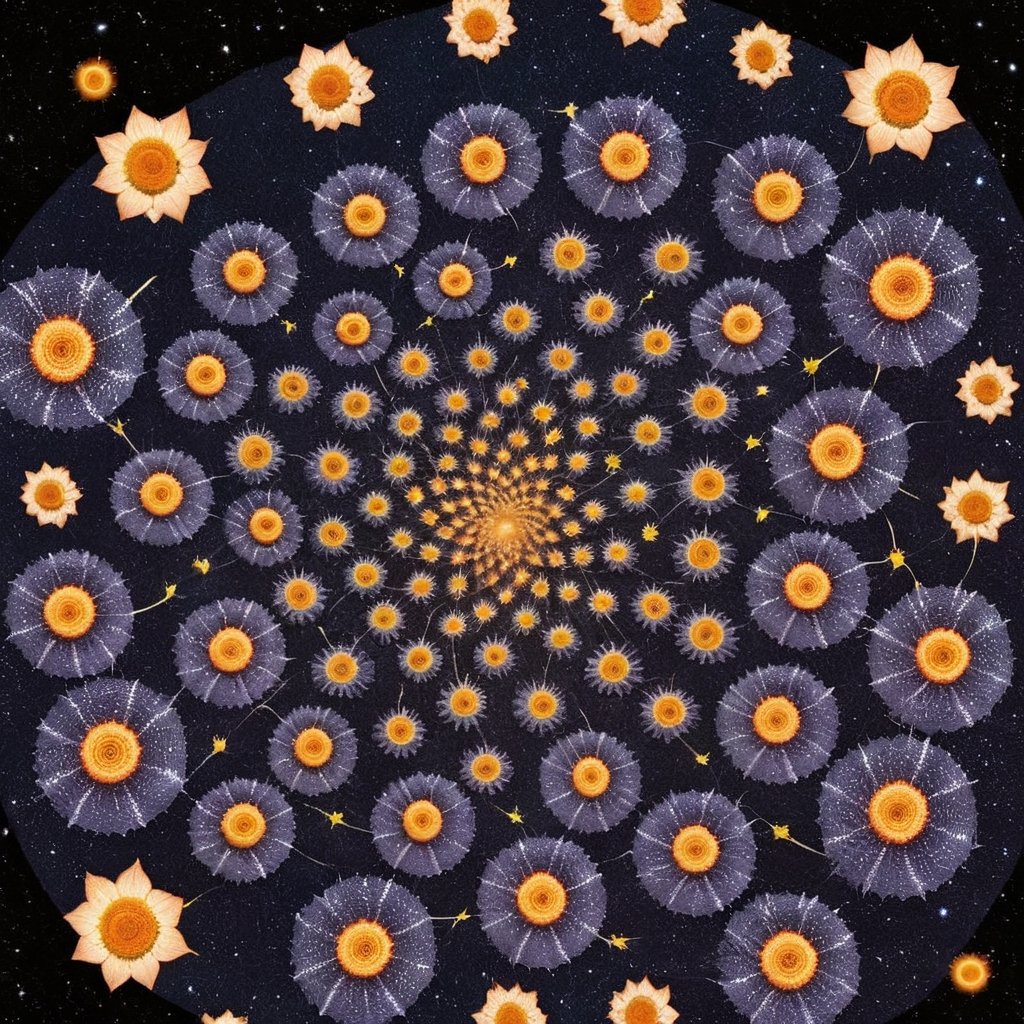 spiral multiverse, continuous spiral pattern, hundreds of skull flowers, space, stars, intricate, highly detailed, 8k, radiant, hypnotic