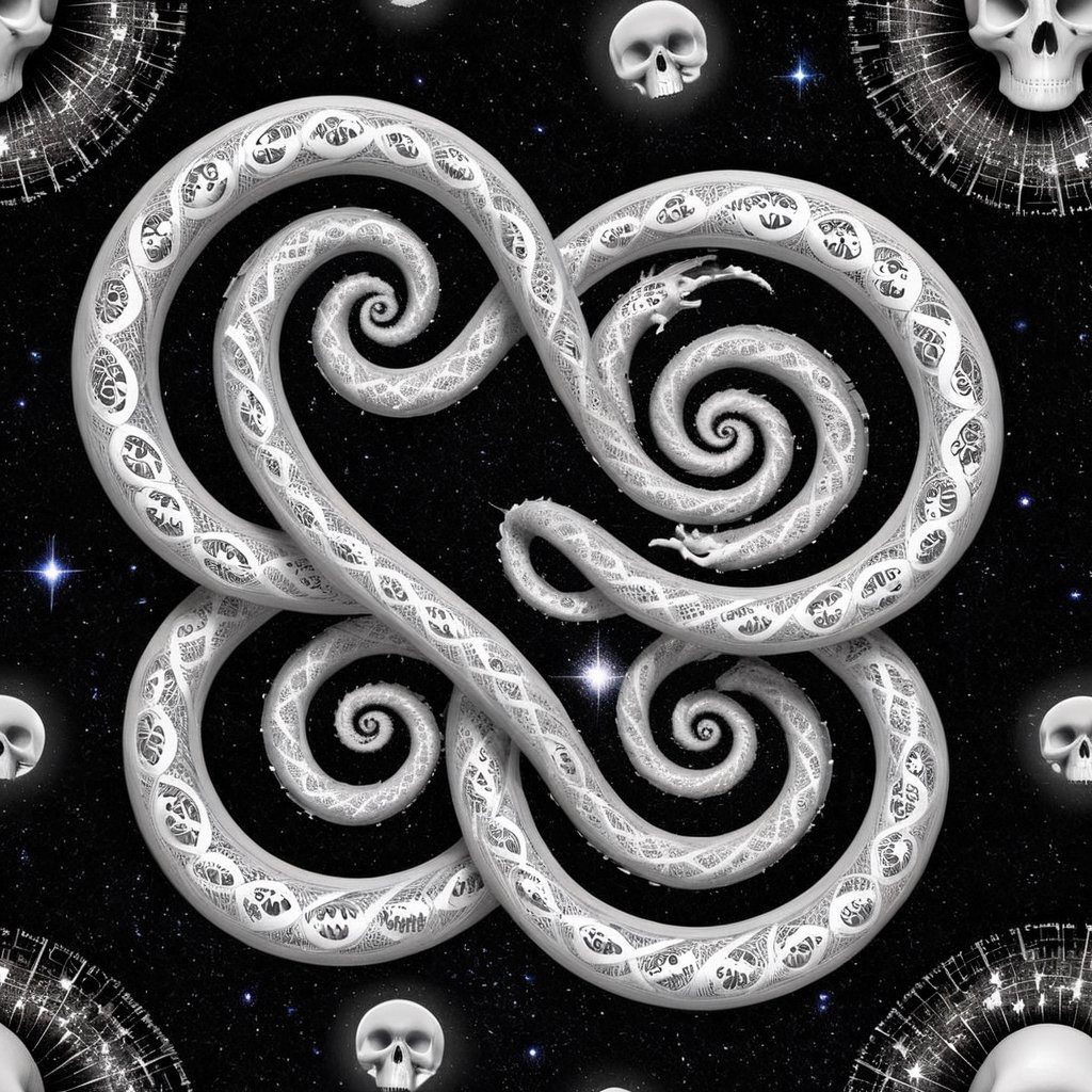 spiral multiverse, continuous spiral pattern, hundreds of skull design, space, stars, intricate, highly detailed, 8k, radiant, hypnotic