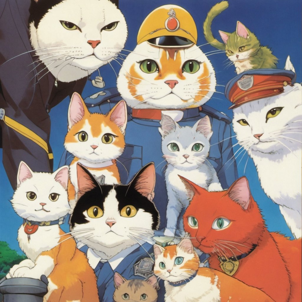 studio ghibli, police cat, anime, yoji shinakawa, studio gainax, y2k design, magical realism, environmental themes, appealing character designs, emotional depth, detailed, professional