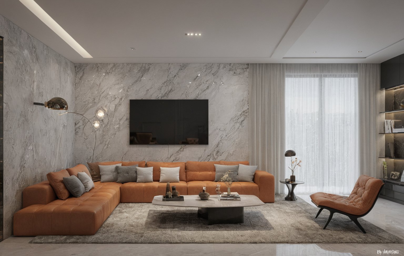 (RAW photo, masterpiece, best quality,ultra-detailed, extremely delicate and beautiful, highresolution, best shadow:1.1), modern living room, bright sofa, reflective floor, shag carpet, marble wwall, orange pillow, book shelf, ceiling light, wwhite ceiling, flower, interior lighting, realistic lighting
