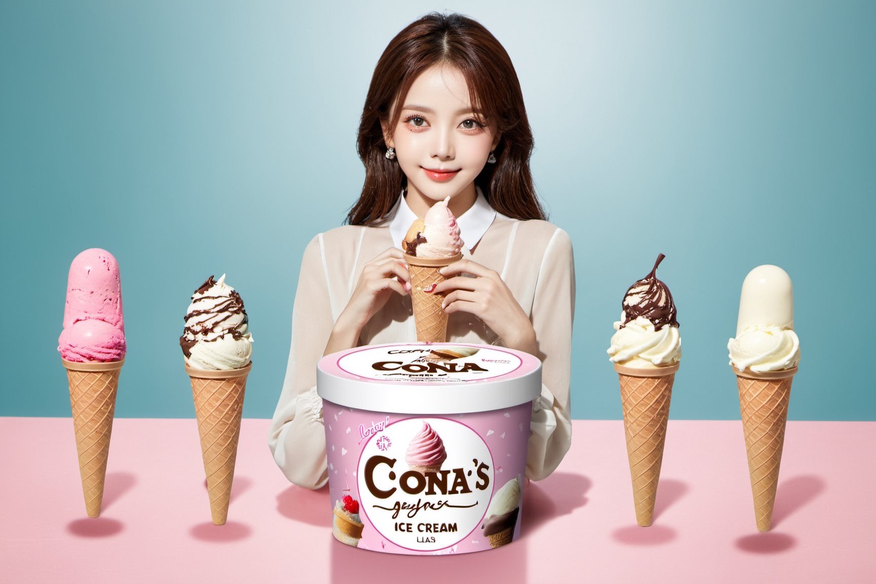 1 girl,Ice cream commercial advertising photo,box one the table, ice background,enjoy,dream,brand: cona's,3d style,lalalalisa_m