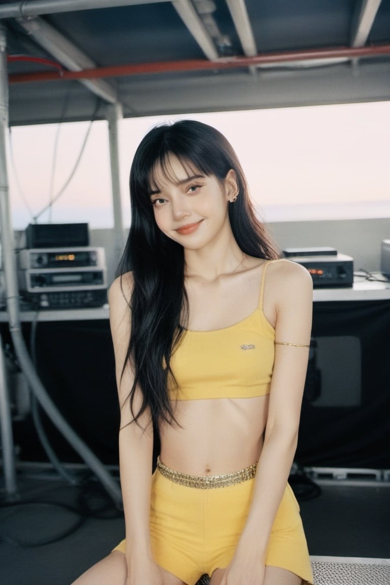 xxmix_girl, (closeup:1.2), 1girl,smile,fluffy long hair,black hair,messy hair, (nude:1.3), film grain ,yellow clothes, sitting on jbl speaker, polaroid camera photo,sunset,in front of motors,FilmGirl,3d style,lalalalisa_m