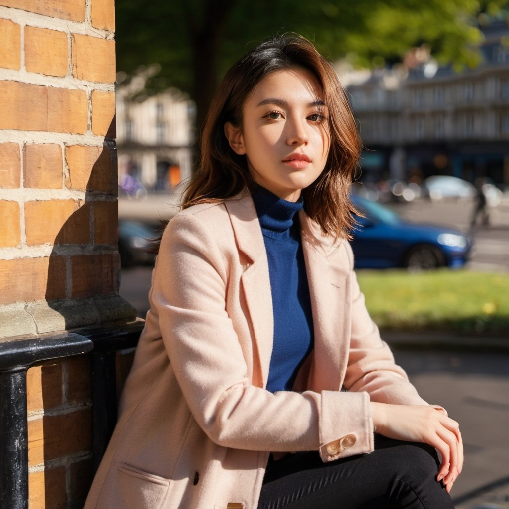 portrait of a woman,xxmix girl woman,xxmix_girl, sitting in a london street, afternoon sun, bokeh, canon R5