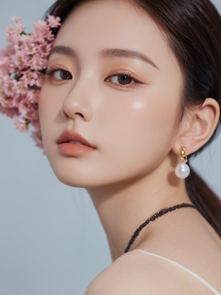 xxmixgirl, a woman with a pink lipstick and earrings, portrair shinji aramaki, beauty campaign, richly defined face, inspired by Zhang Shuqi, wearing earrings, close - up on face, dewy skin, closeup of the face, products shot, kimi takemura, closeup on face, facial closeup,xxmix_girl