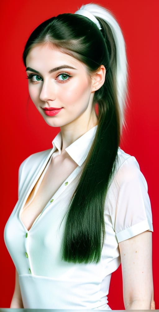 





woman, blue eyes, straight middle parted hairstyle, long ponytail front side bangs, dark black hair, super beauty marks, pale white skin, best quality, clear texture, details, canon eos 80d photo, light makeup, (green red color background theme: 1.3), (pale white skin:1.1), professional coloring photo, (sexy style business woman outfit:1.1), (pale white skin:1.1), smile