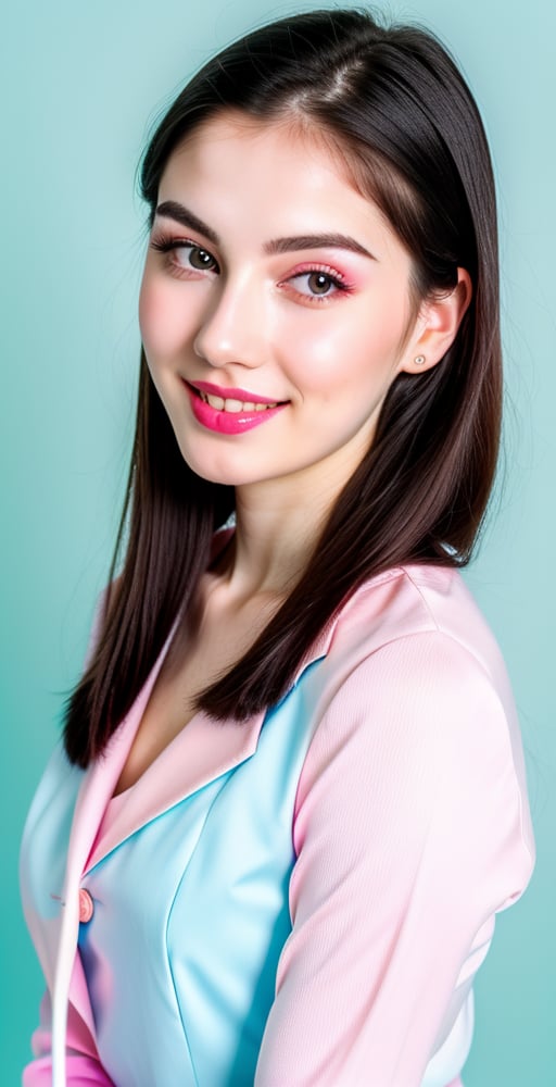 





woman, eyes, straight middle parted hairstyle, dark black hair, super beauty marks, pale white skin, best quality, clear texture, details, canon eos 80d photo, light makeup, (pink blue color background theme: 1.3), (pale white skin:1.1), professional coloring photo, (sexy style business woman outfit:1.1), (pale white skin:1.1), smile