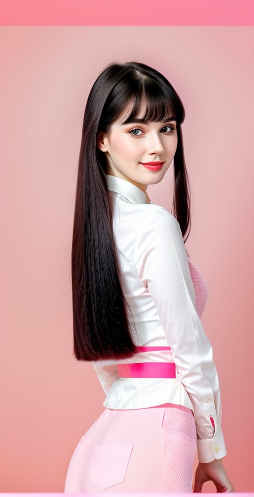 





woman, blue eyes, straight middle parted hairstyle, fully side splitted front bangs, dark black hair, super beauty marks, pale white skin, best quality, clear texture, details, canon eos 80d photo, light makeup, (pink red color background theme: 1.3), (pale white skin:1.1), professional coloring photo, (sexy style business woman outfit:1.1), (pale white skin:1.1), smile