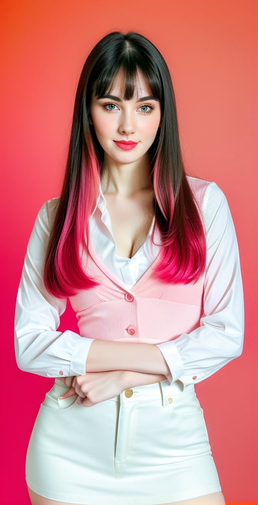 





woman, blue eyes, straight middle parted hairstyle, fully side splitted front bangs, dark black hair, super beauty marks, pale white skin, best quality, clear texture, details, canon eos 80d photo, light makeup, (red green pink color background theme: 1.3), (pale white skin:1.1), professional coloring photo, (sexy style business woman outfit:1.1), (pale white skin:1.1), smile