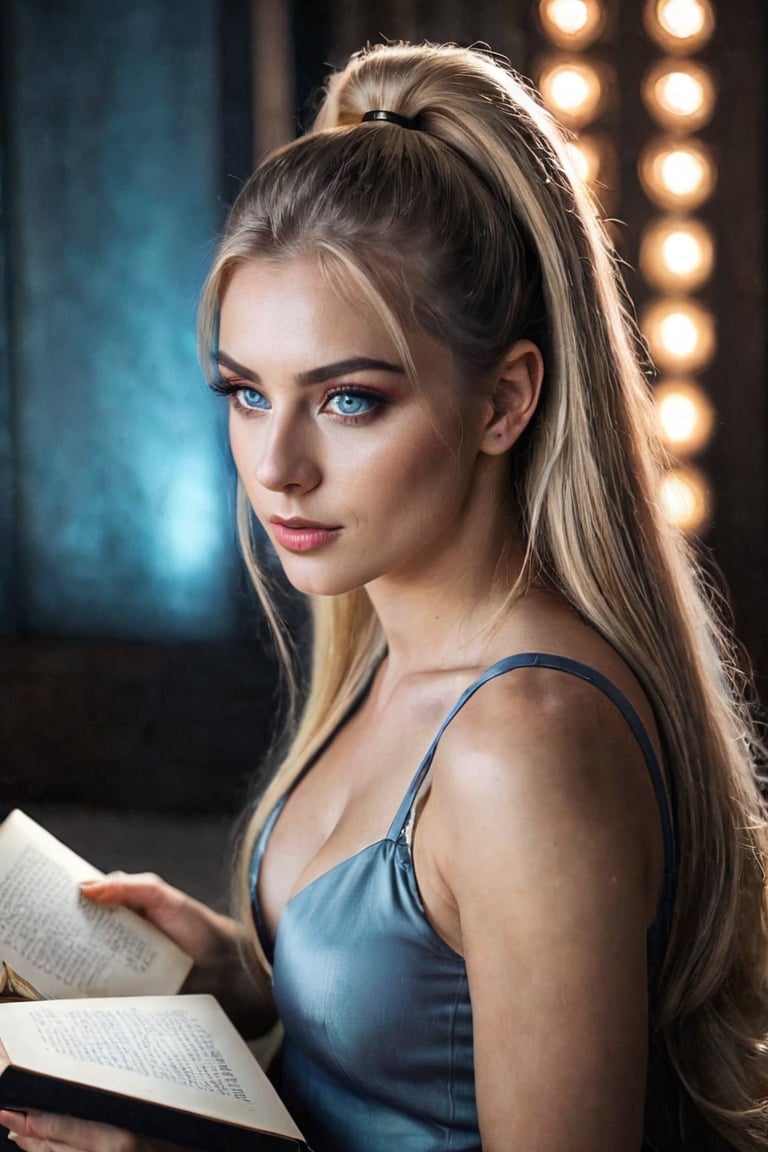 beautiful women reading book, siiting, long blonde hair, 2 ponytails, make up, blue eyes,attractive,lighted, illuminated aura ,inst4 style,aesthetic portrait,