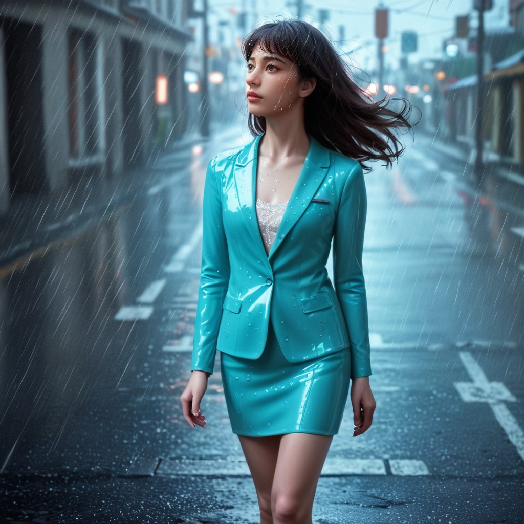 ((Realistic 8K resolution, RAW, extreme detail description)) of 1girl, walking on downtown street during heavy rain, dark theme,
break, 
1girl, floating hair, Exquisitely perfect symmetric very gorgeous face, Exquisite delicate crystal clear skin, Detailed beautiful delicate eyes, perfect slim body shape, slender and beautiful fingers, legs, perfect hands, legs, illuminated by film grain, realistic style, realistic skin texture, dramatic lighting, soft lighting, exaggerated perspective of ((Wide-angle lens depth)),