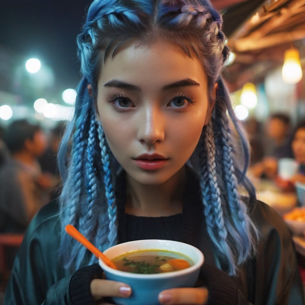 photo-realistic depiction of a beautiful drinking hot soup at  nightmarket vendor, Exquisitely perfect symmetric very gorgeous face, medium short hair, braid hair, blue hair, multicolors hair, dressing fashion outfit, dark theme, night time, dressing tight fashion outfit, diffused lighting, RAW photo, symmetry photo, epic scale, sharp focus, wide-angle lens, insane details, 
break ,
(1 girl, medium short hair, braid hair, blue hair, multicolors hair, Exquisitely perfect symmetric very gorgeous face, perfect breasts, Exquisite delicate crystal clear skin, collarbone, Detailed beautiful delicate eyes, perfect slim body shape), black pleated skirt, black suite, fashion colorful dress, toplessness,