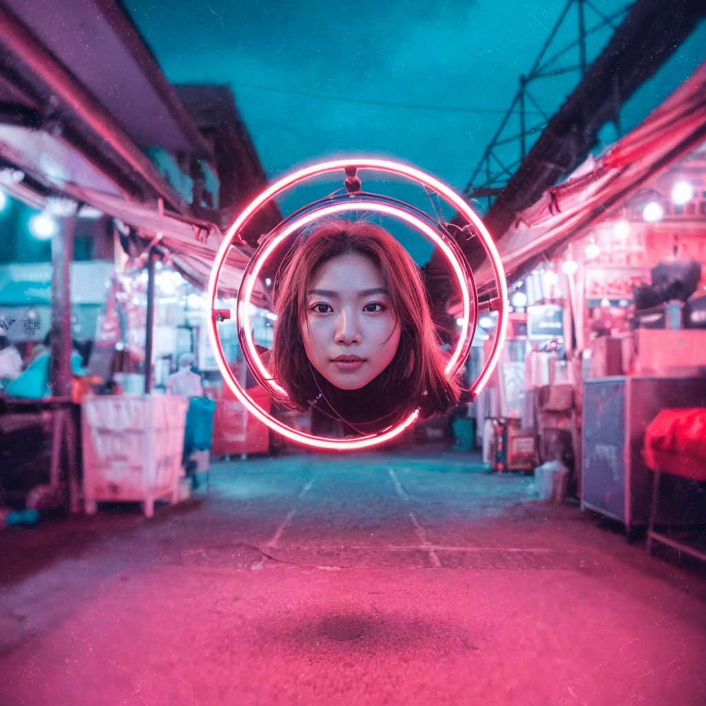 ((Realistic 8K resolution, RAW, extreme detail description)) taken from the bottom up, at ground level photography of full body shot of a young, attractive Asian woman floats in the air, her face surrounded by a glowing halo of red neon lights. There are no bones under her neck, but instead a series of realistic organs, including a spleen, pancreas, kidneys, liver, intestines and extended intestinal structures. dark theme, at city street, near beach.illuminated by film grain, realistic style, realistic skin texture, dramatic lighting, soft lighting, exaggerated perspective of ((Wide-angle lens depth)),