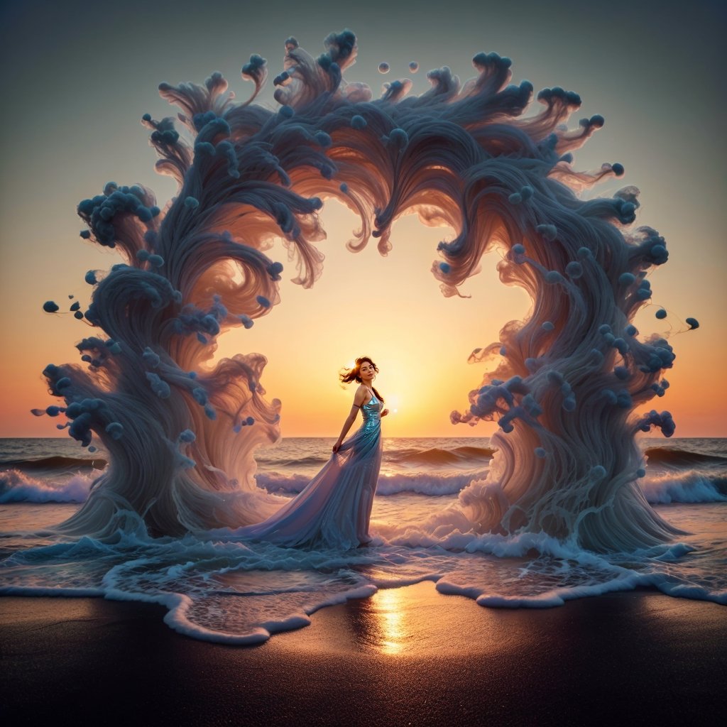 Realistic 8K resolution photography of panoramic view of seafoam waves coming ashore at sunset,  which artistically morphs...