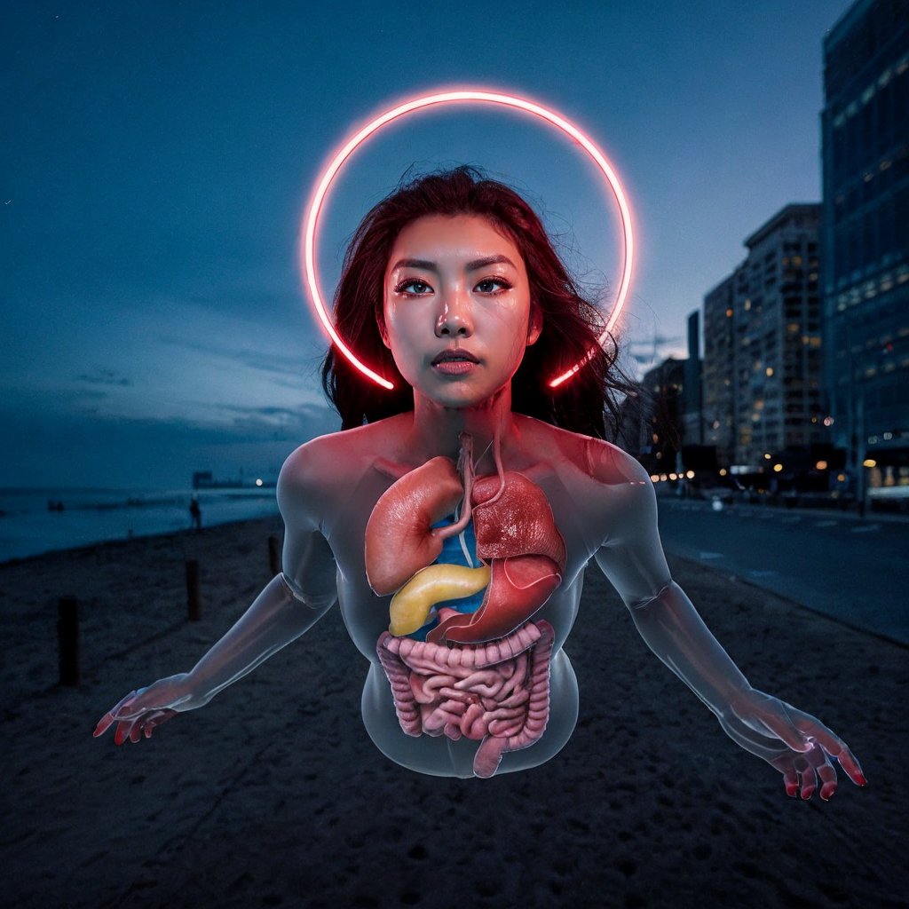 ((Realistic 8K resolution, RAW, extreme detail description)) taken from the bottom up, at ground level photography of full body shot of a young, attractive Asian woman floats in the air, her face surrounded by a glowing halo of red neon lights. There are no bones under her neck, but instead a series of realistic organs, including a spleen, pancreas, kidneys, liver, intestines and extended intestinal structures. dark theme, at city street, near beach.illuminated by film grain, realistic style, realistic skin texture, dramatic lighting, soft lighting, exaggerated perspective of ((Wide-angle lens depth)),