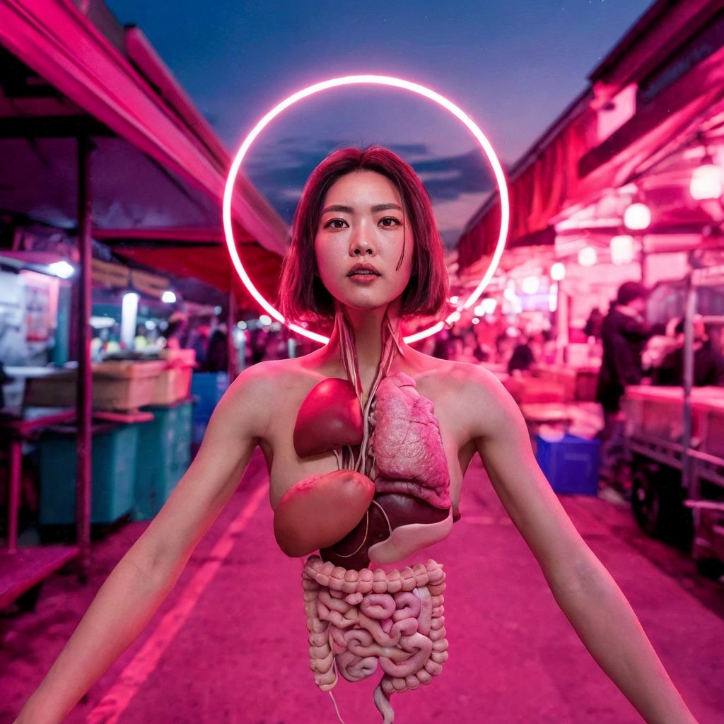 ((Realistic 8K resolution, RAW, extreme detail description)) taken from the bottom up, at ground level photography of full body shot of a young, attractive Asian woman floats in the air, her face surrounded by a glowing halo of red neon lights. There are no bones under her neck, but instead a series of realistic organs, including a spleen, pancreas, kidneys, liver, intestines and extended intestinal structures. dark theme, at city street, near beach.illuminated by film grain, realistic style, realistic skin texture, dramatic lighting, soft lighting, exaggerated perspective of ((Wide-angle lens depth)),