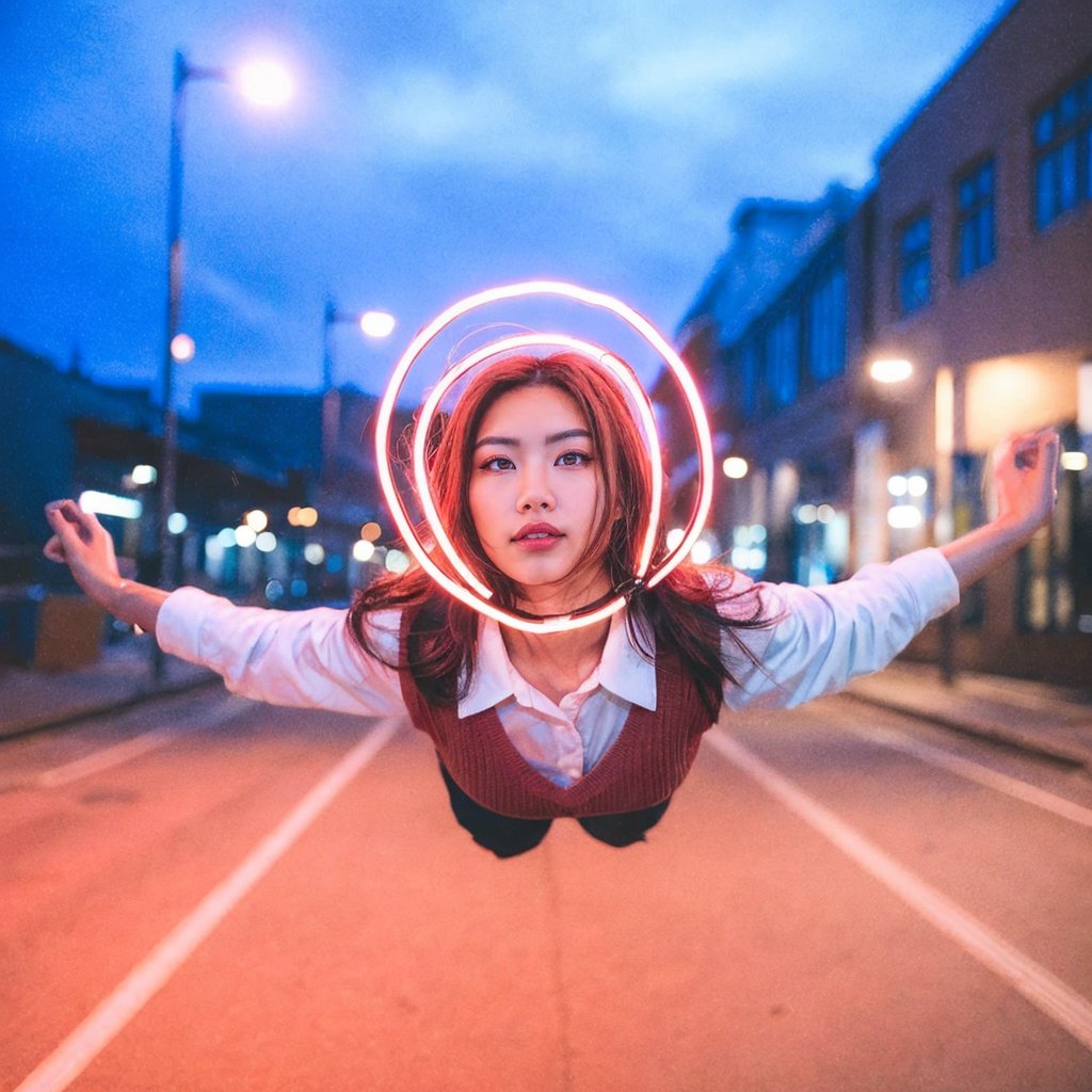 ((Realistic 8K resolution, RAW, extreme detail description)) taken from the bottom up, at ground level photography of full body shot of a young, attractive Asian woman floats in the air, her face surrounded by a glowing halo of red neon lights. There are no bones under her neck, but instead a series of realistic organs, including a spleen, pancreas, kidneys, liver, intestines and extended intestinal structures. dark theme, at city street, near beach.illuminated by film grain, realistic style, realistic skin texture, dramatic lighting, soft lighting, exaggerated perspective of ((Wide-angle lens depth)),