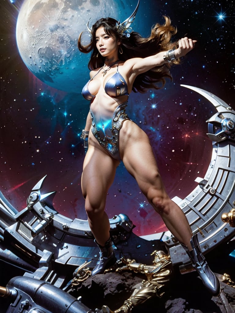 Realistic 16K resolution pale tone photography of 1 girl, wearing intricate high-tech bodysuit covering her entire body with biomechanical style, intricate mechanical details, glowing cybernetic enhancements,, battle pose, in outer space, in front of moon deity and nebulae, space ships from far behind,
break, 
1 girl, full body shot, Exquisitely perfect symmetric very gorgeous face, Exquisite delicate crystal clear skin, Detailed beautiful delicate eyes, perfect slim body shape, slender and beautiful fingers, legs, perfect hands, legs, illuminated by film grain, realistic style, realistic skin texture, dramatic lighting, soft lighting, exaggerated perspective of ((Wide-angle lens depth)), Fantasy, extreme detail description, frank frazetta style, 80s fantasy movie style,