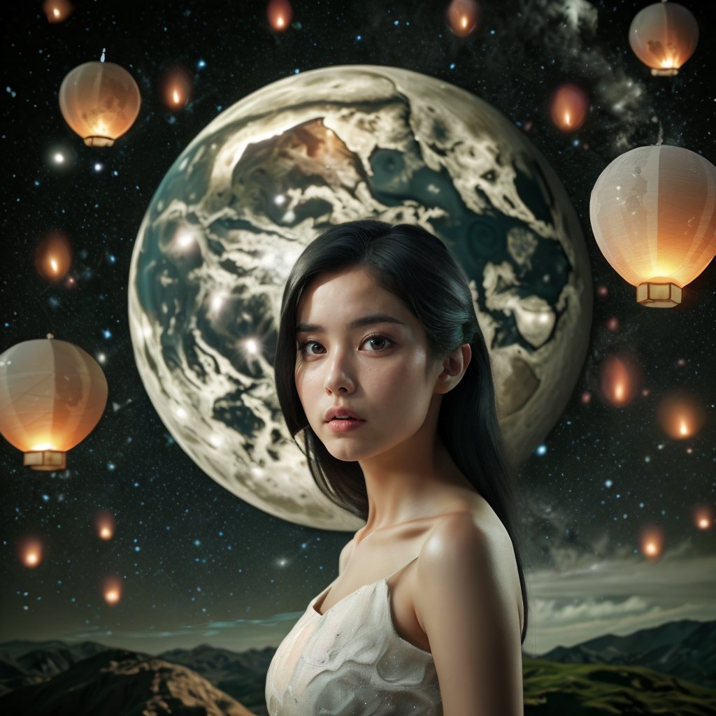 Realistic 16K resolution photography of on Lunar surface, there are 1 robust male and 2girls with exquisite face, walking together; Sky lanterns floating in the air full around, giant earth in the sky. illuminated by film grain, realistic style, realistic skin texture, dramatic lighting, soft lighting, exaggerated perspective of ((Wide-angle lens depth)), extreme detail description,
break, 
1girl, black hair, red eyes, Exquisitely perfect symmetric very gorgeous face, Exquisite delicate crystal clear skin, Detailed beautiful delicate eyes, perfect slim body shape, slender and beautiful fingers, legs, perfect hands, legs, dressed in pure white sport jacket , wearing rabbit ears headdress,