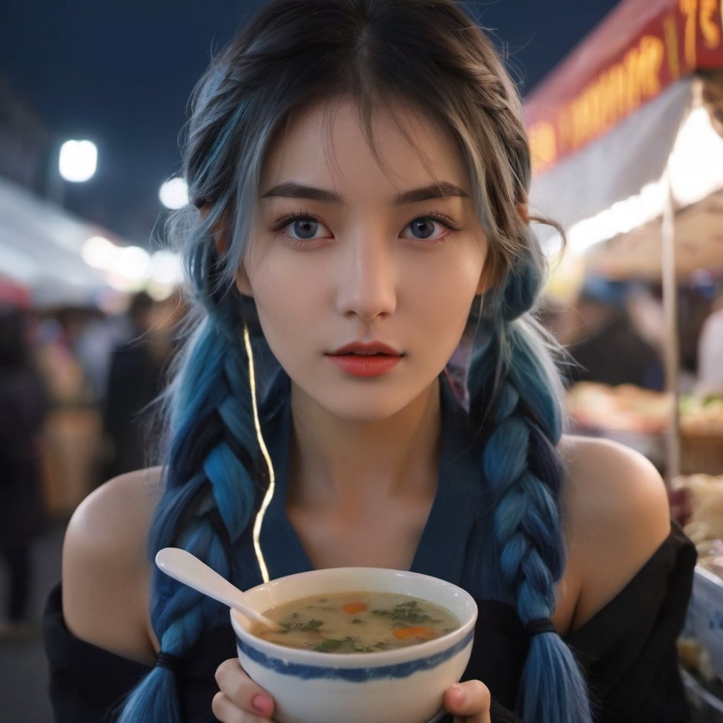 photo-realistic depiction of a beautiful drinking hot soup at  nightmarket vendor, Exquisitely perfect symmetric very gorgeous face, medium short hair, braid hair, blue hair, multicolors hair, dressing fashion outfit, dark theme, night time, dressing tight fashion outfit, diffused lighting, RAW photo, symmetry photo, epic scale, sharp focus, wide-angle lens, insane details, 
break ,
(1 girl, medium short hair, braid hair, blue hair, multicolors hair, Exquisitely perfect symmetric very gorgeous face, perfect breasts, Exquisite delicate crystal clear skin, collarbone, Detailed beautiful delicate eyes, perfect slim body shape), black pleated skirt, black suite, fashion colorful dress, toplessness,