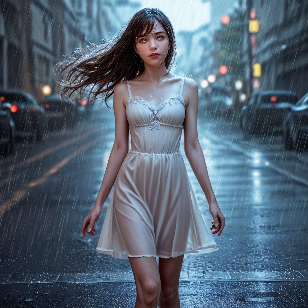 ((Realistic 8K resolution, RAW, extreme detail description)) of 1girl, walking on downtown street during heavy rain, dark theme,
break, 
1girl, floating hair, Exquisitely perfect symmetric very gorgeous face, Exquisite delicate crystal clear skin, Detailed beautiful delicate eyes, perfect slim body shape, slender and beautiful fingers, legs, perfect hands, legs, illuminated by film grain, realistic style, realistic skin texture, dramatic lighting, soft lighting, exaggerated perspective of ((Wide-angle lens depth)),