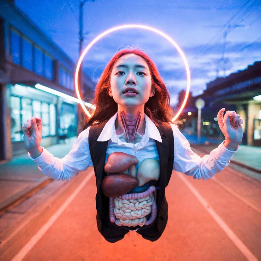 ((Realistic 8K resolution, RAW, extreme detail description)) taken from the bottom up, at ground level photography of full body shot of a young, attractive Asian woman floats in the air, her face surrounded by a glowing halo of red neon lights. There are no bones under her neck, but instead a series of realistic organs, including a spleen, pancreas, kidneys, liver, intestines and extended intestinal structures. dark theme, at city street, near beach.illuminated by film grain, realistic style, realistic skin texture, dramatic lighting, soft lighting, exaggerated perspective of ((Wide-angle lens depth)),