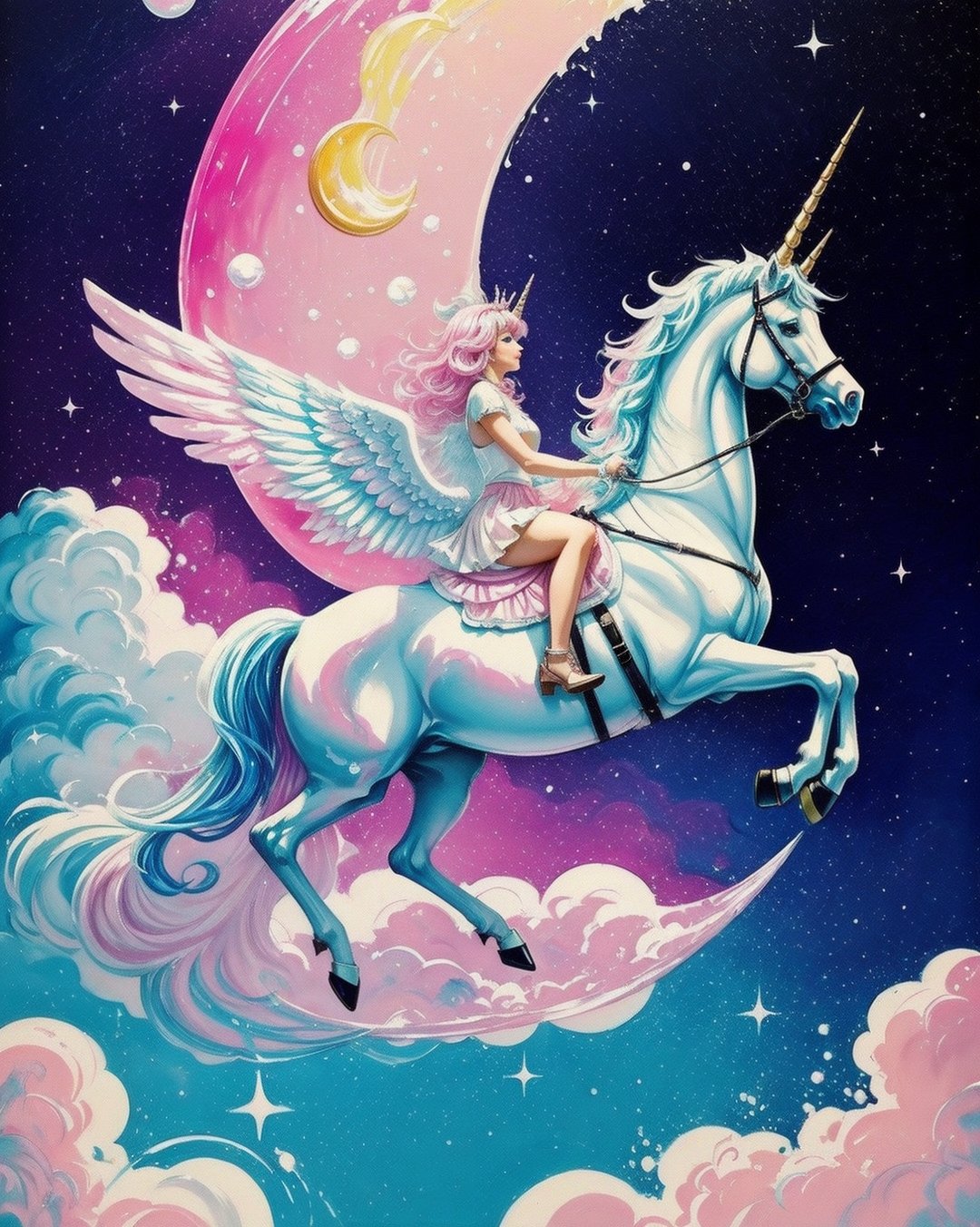 dripping paint,abstract,gouche,white, pink, totally white and pink,pastel colors,(bubble drip) an auroral cosmic hyperspace winged unicorn jumping over a crescent moon, vibrant circular shapes on background,melt,vaporwave style,